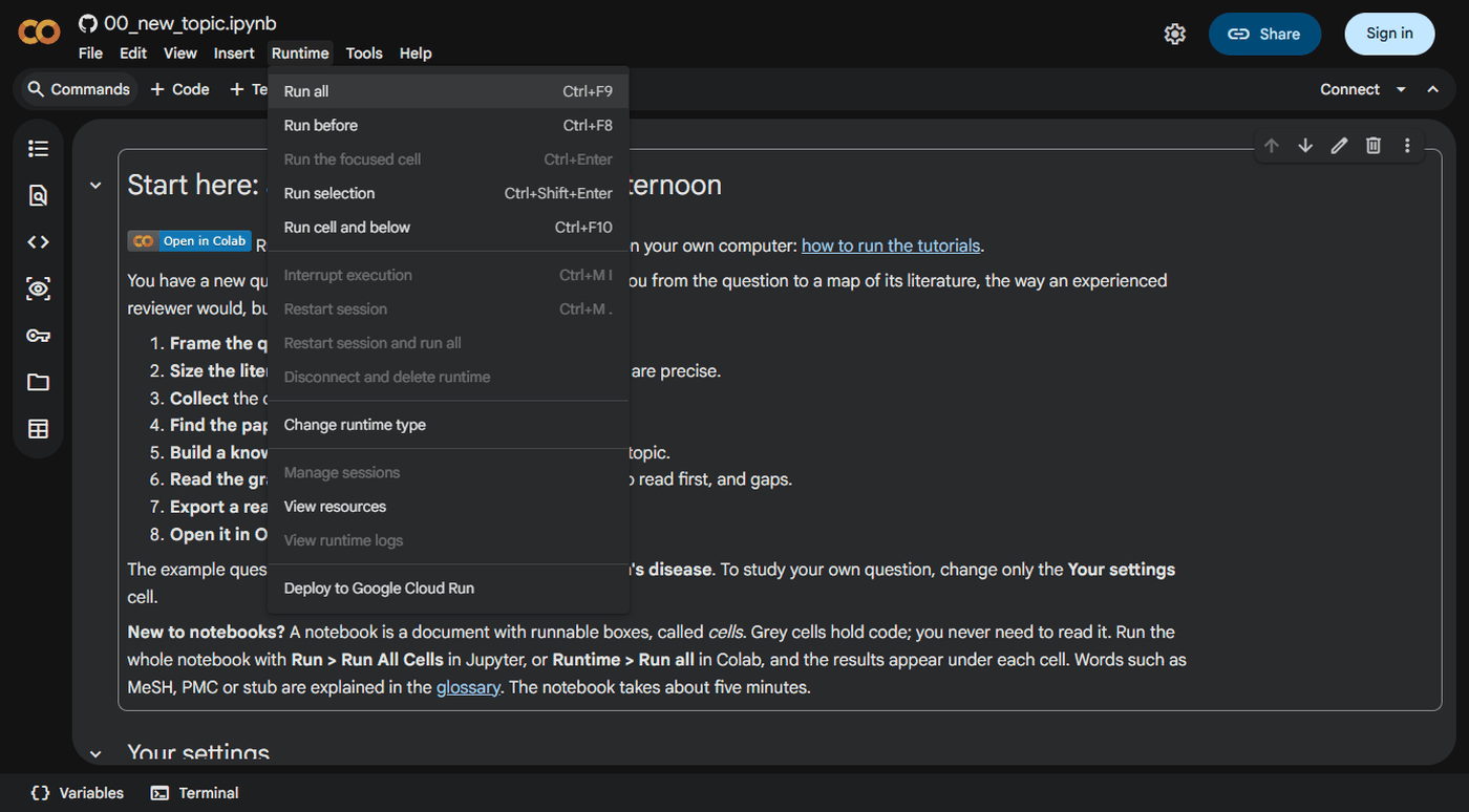 Tutorial 0 open in Google Colab, with the Runtime menu open on Run all