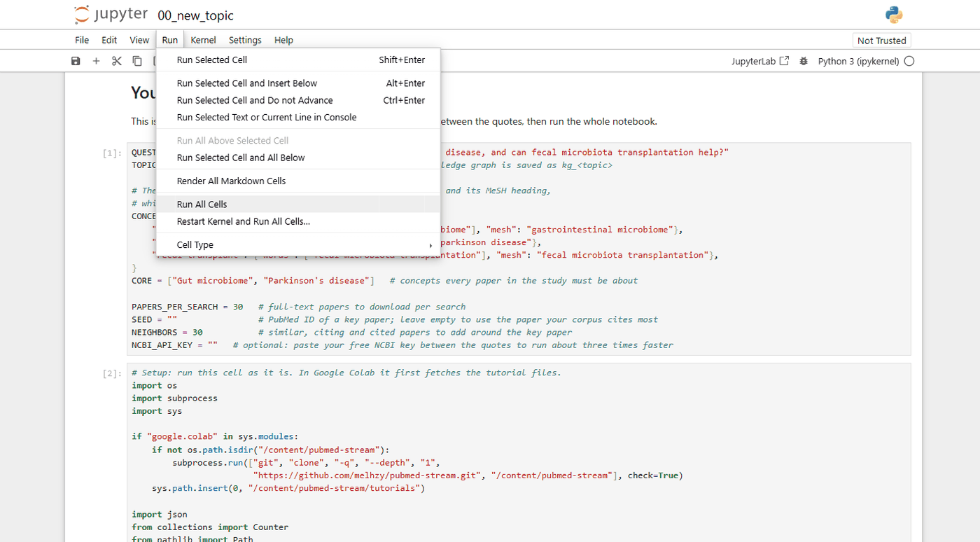 The Run menu in Jupyter, with Run All Cells highlighted