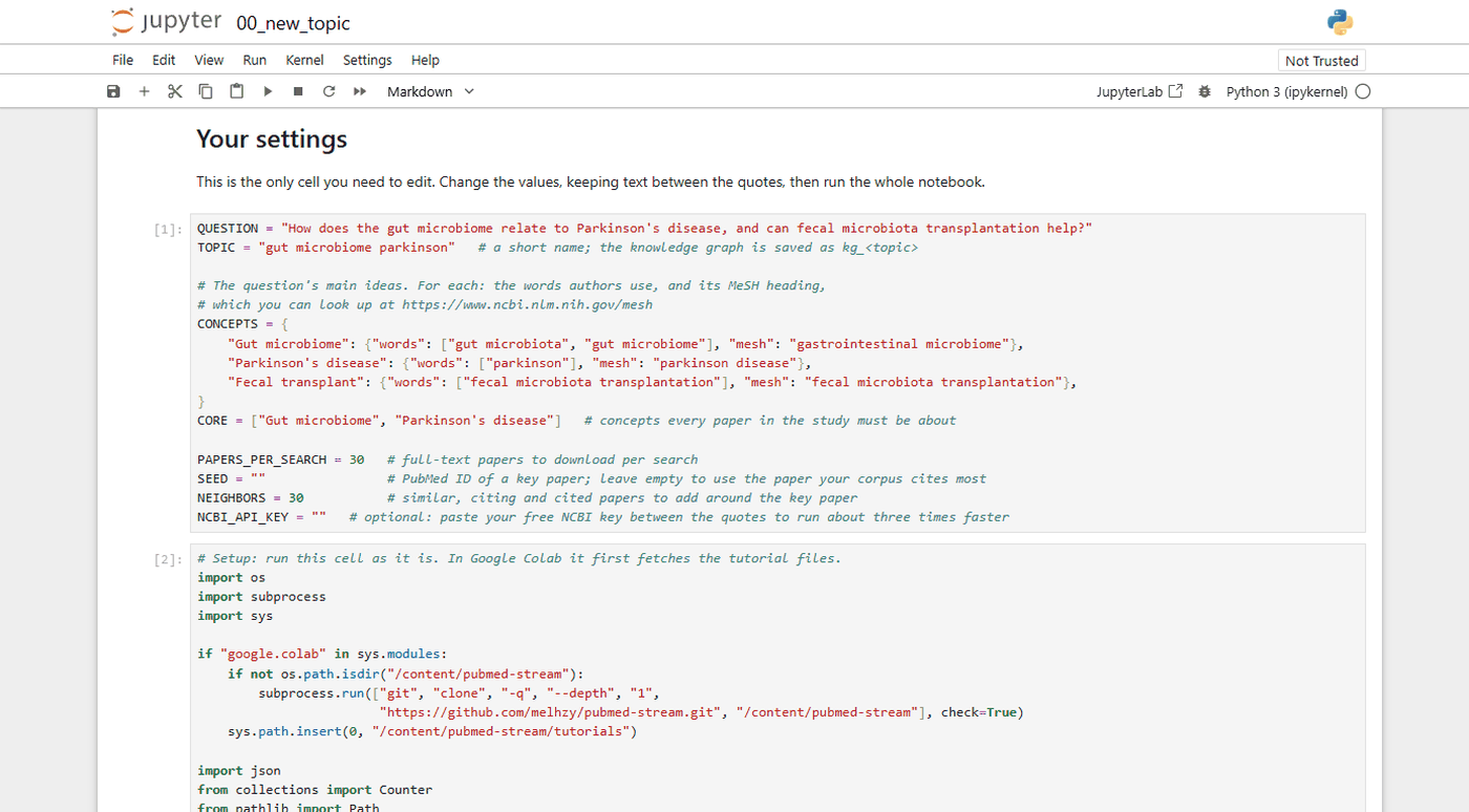 Tutorial 0 in Jupyter, showing the Your settings cell with the question, topic, concepts and other settings