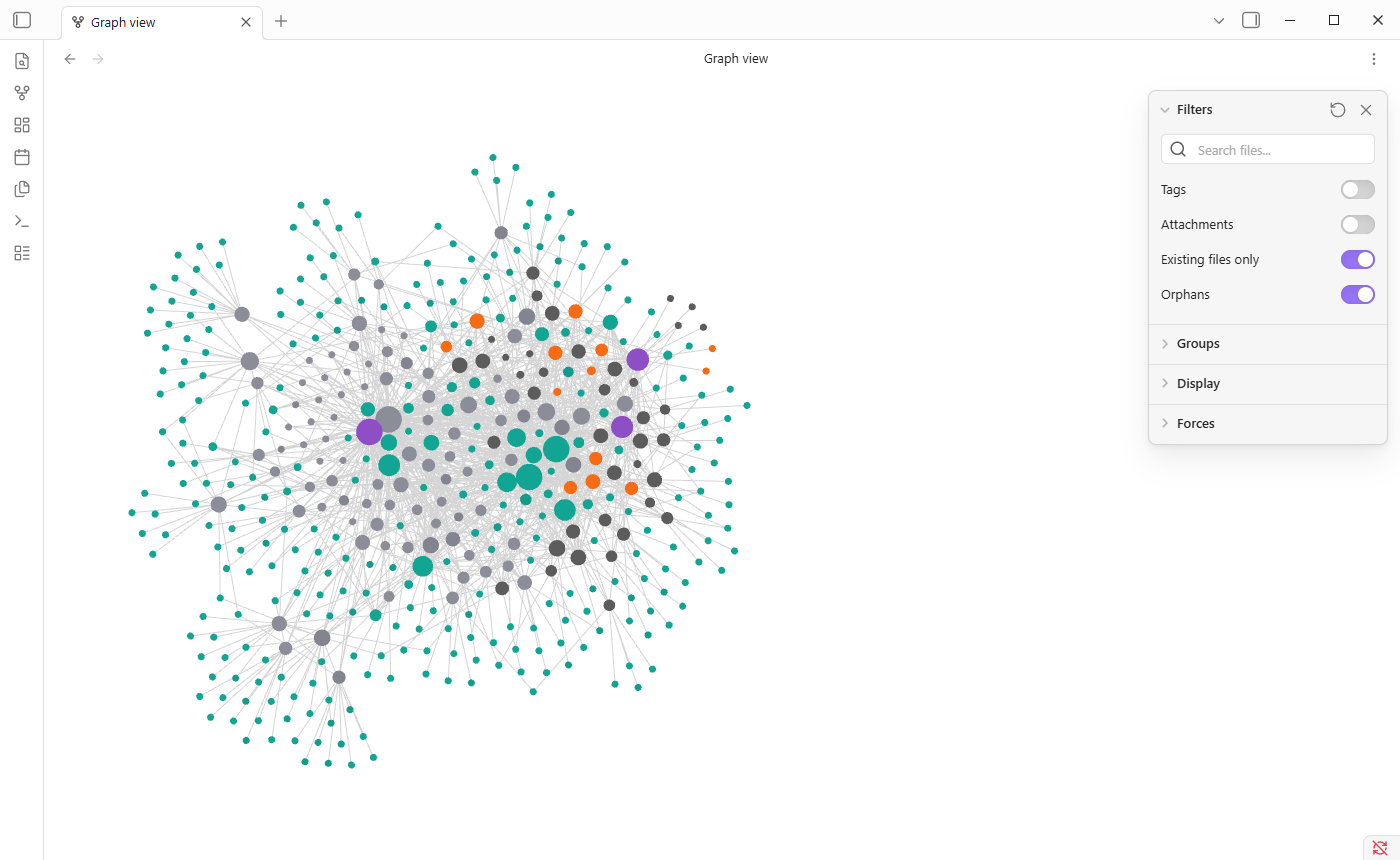 The same graph with Existing files only switched on: two connected clusters of papers and concepts, with the Filters panel open