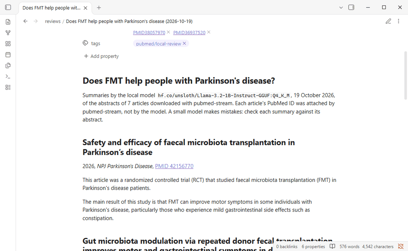 A review note: the question, a note that a small model wrote it, and each article's summary under its title and PubMed link