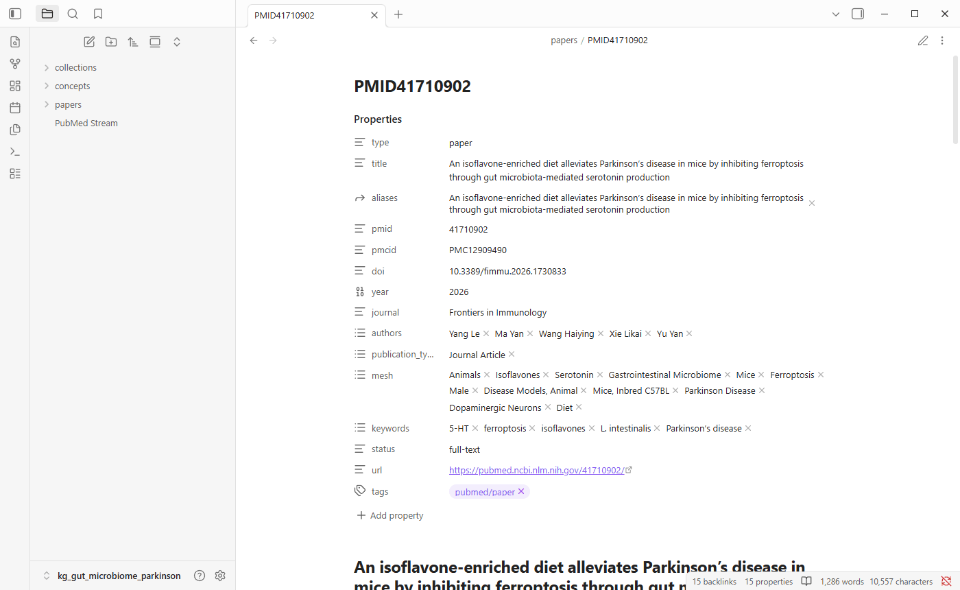 A paper note's properties: title, identifiers, year, journal, authors, publication type, MeSH headings, keywords, status and tags