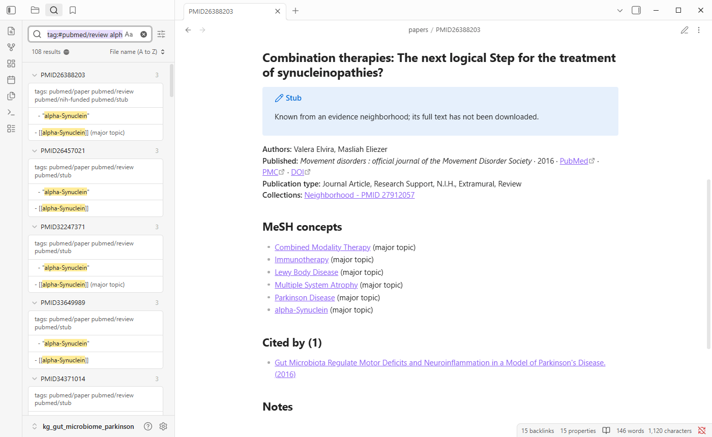 Search results for reviews that mention alpha-synuclein, with one result open