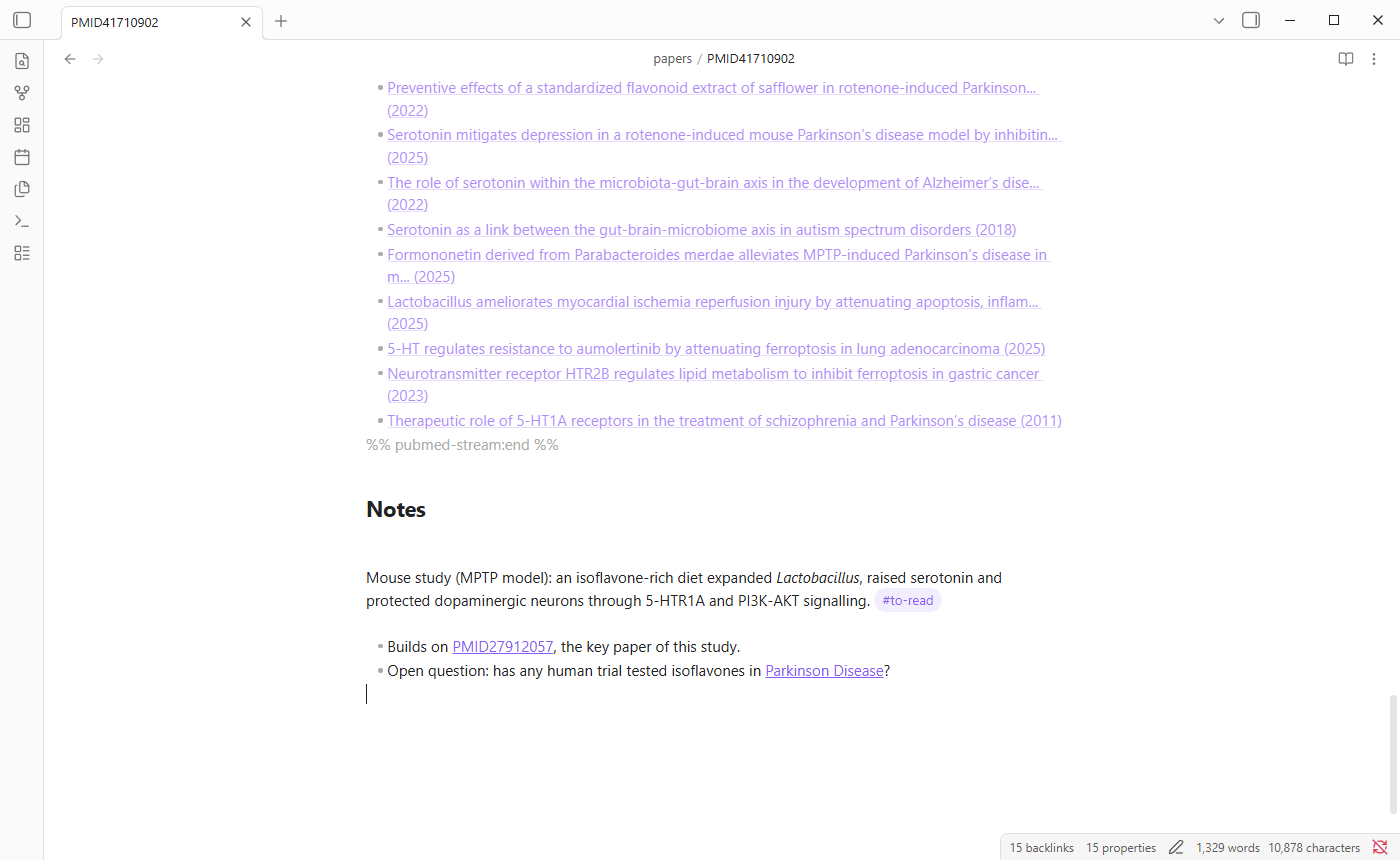 A paper note in editing view: the pubmed-stream end line, then the reader's own summary with a to-read tag and links to the key paper and a concept